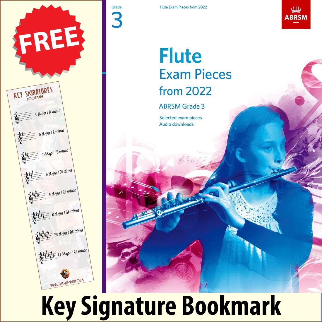 front cover of ABRSM Flute Exam Pieces Grade 3 from 2022 together with free Treble Clef bookmark