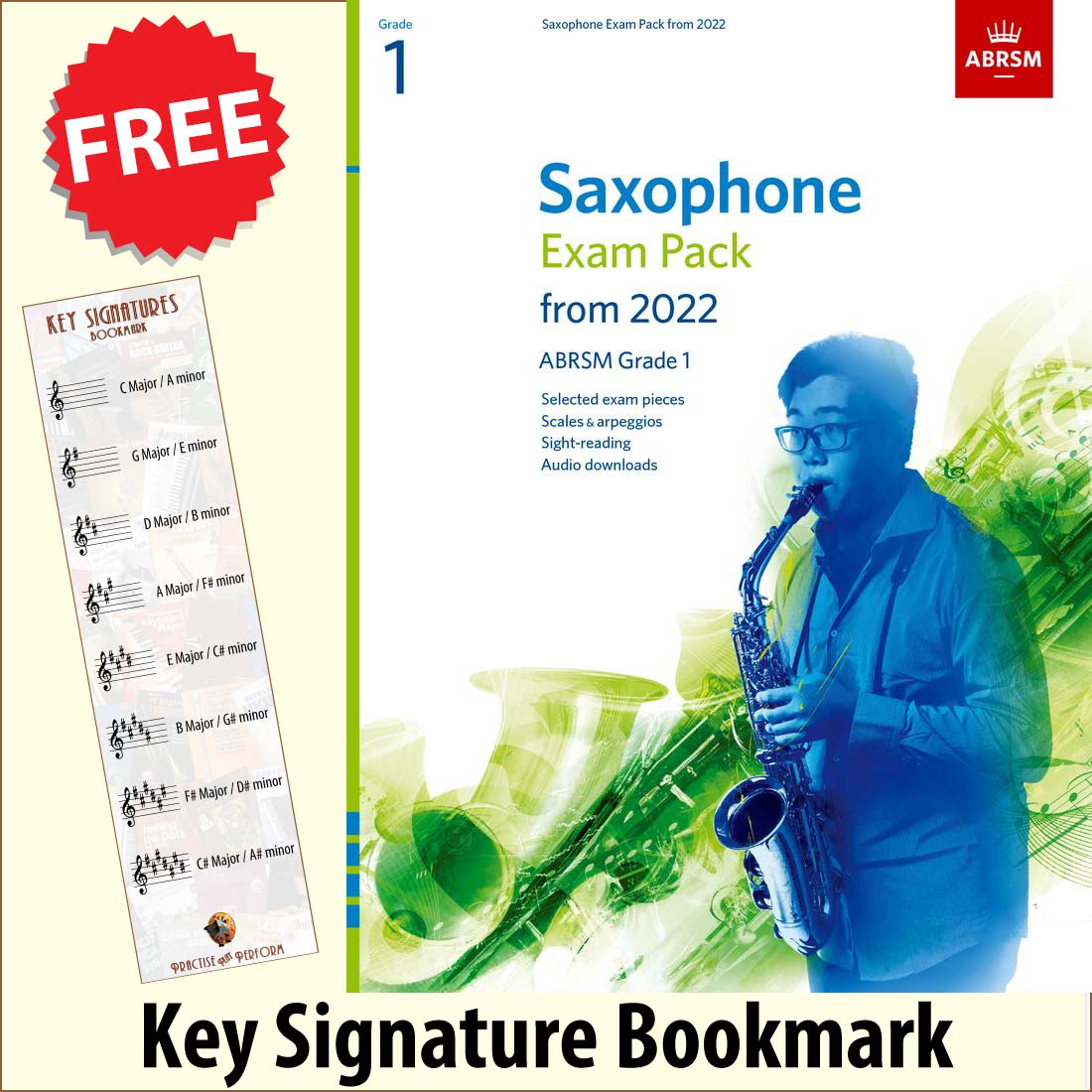 front cover of ABRSM Saxophone Exam Pack Grade 1 from 2022 together with free Treble Clef bookmark