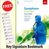 front cover of ABRSM Saxophone Exam Pack Grade 1 from 2022 together with free Treble Clef bookmark