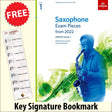 front cover of ABRSM Saxophone Exam Pieces Grade 1 from 2022 together with free Treble Clef bookmark