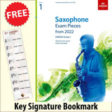 front cover of ABRSM Saxophone Exam Pieces Grade 1 from 2022 together with free Treble Clef bookmark