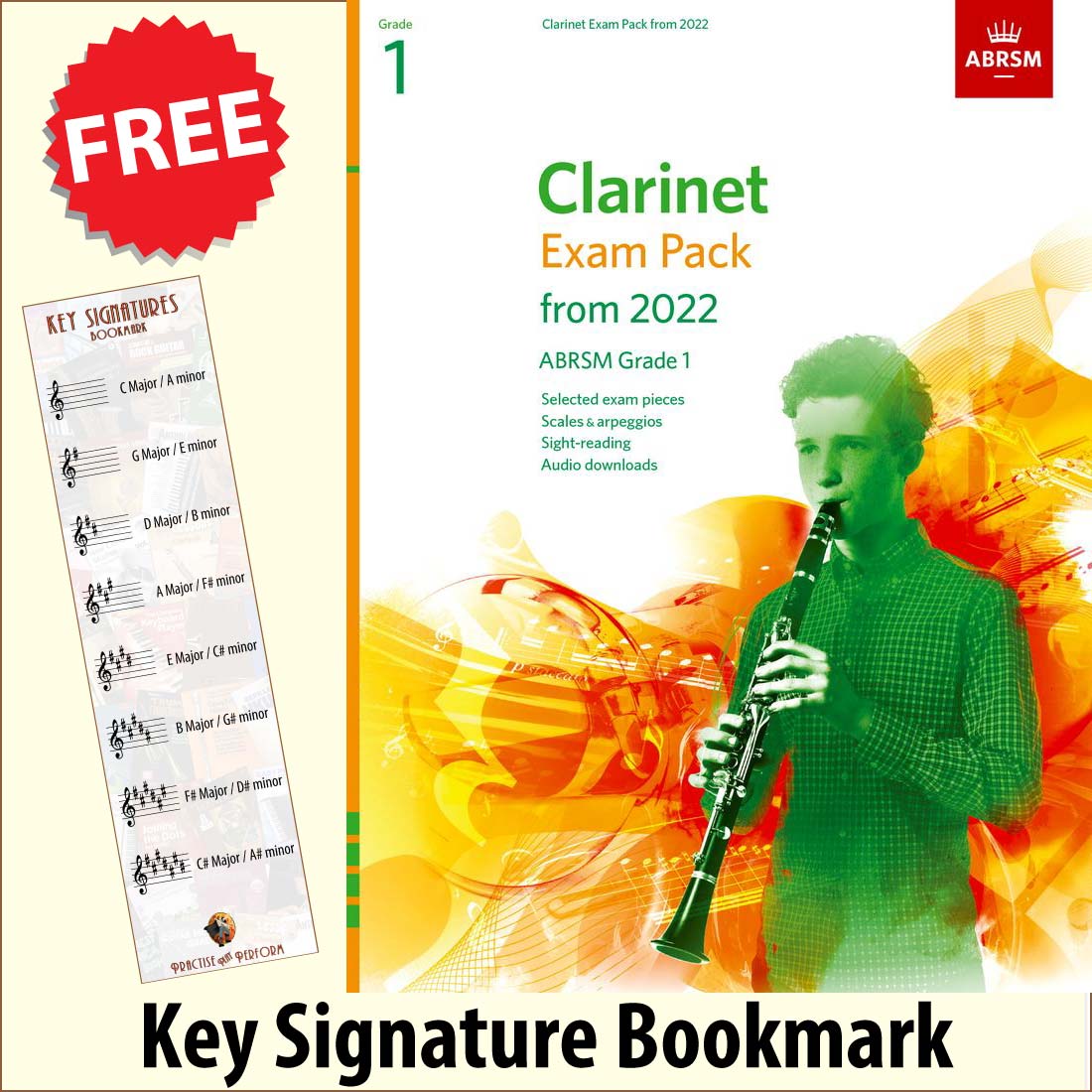 front cover of ABRSM Clarinet Exam Pack Grade 1 from 2022 together with free Treble Clef bookmark