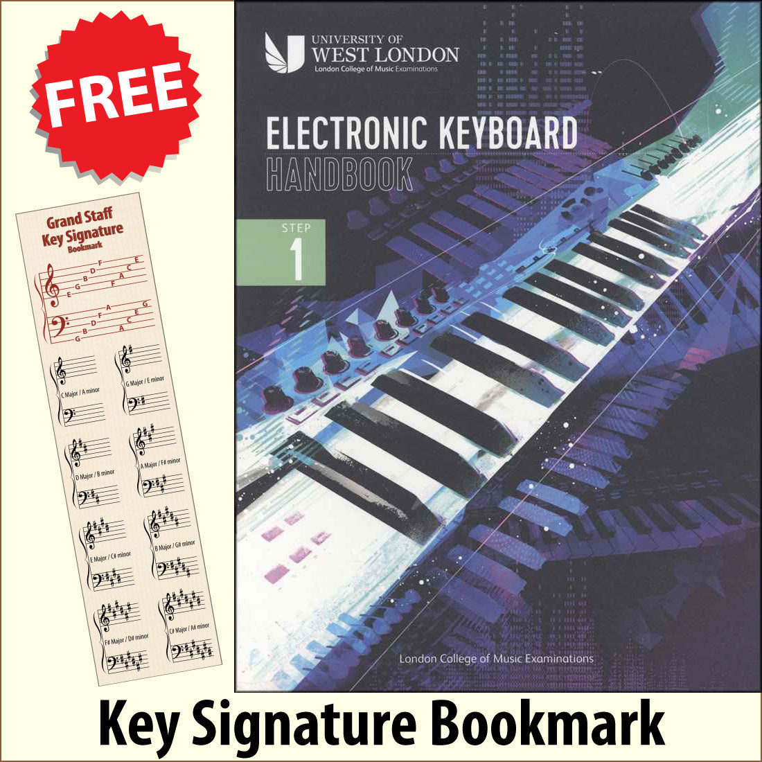 front cover of The London College of Music Electronic Keyboard Handbook Step 1 together with free Piano Clef bookmark