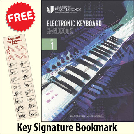 front cover of The London College of Music Electronic Keyboard Handbook Step 1 together with free Piano Clef bookmark
