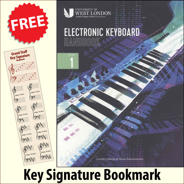 front cover of The London College of Music Electronic Keyboard Handbook Step 1 together with free Piano Clef bookmark