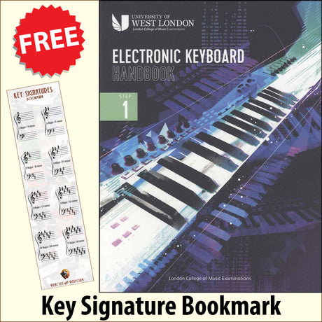 front cover of The London College of Music Electronic Keyboard Handbook Step 1 together with free Piano Clef bookmark