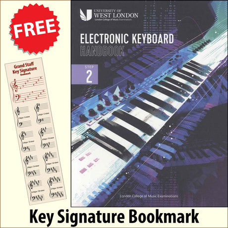 front cover of The London College of Music Electronic Keyboard Handbook Step 2 together with free Piano Clef bookmark