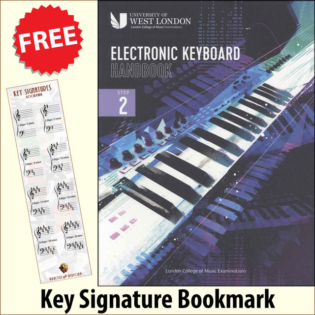 front cover of The London College of Music Electronic Keyboard Handbook Step 2 together with free Piano Clef bookmark