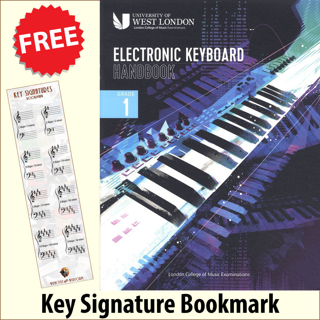 front cover of The London College of Music Electronic Keyboard Handbook Grade 1 together with free Piano Clef bookmark