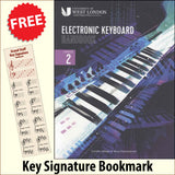 front cover of The London College of Music Electronic Keyboard Handbook Grade 2 together with free Piano Clef bookmark