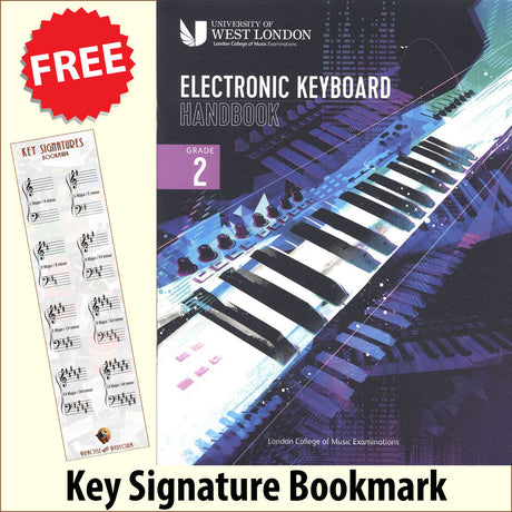 front cover of The London College of Music Electronic Keyboard Handbook Grade 2 together with free Piano Clef bookmark