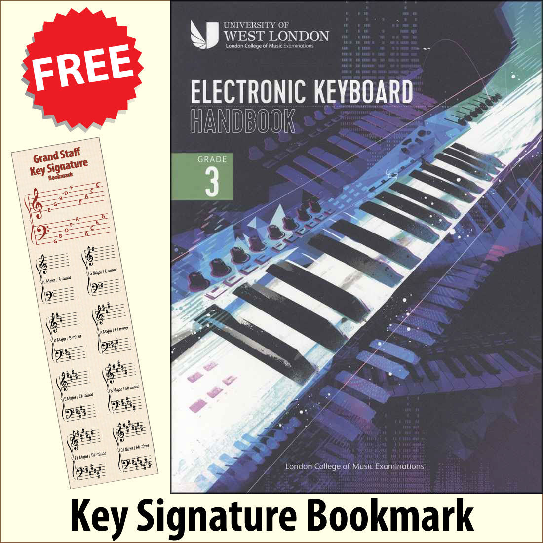 front cover of The London College of Music Electronic Keyboard Handbook Grade 3 together with free Piano Clef bookmark