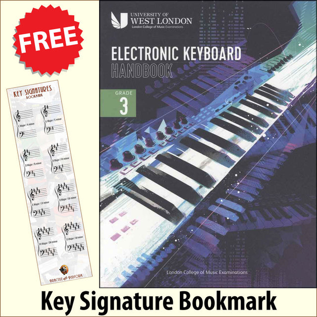 front cover of The London College of Music Electronic Keyboard Handbook Grade 3 together with free Piano Clef bookmark