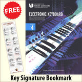 front cover of The London College of Music Electronic Keyboard Handbook Grade 4 together with free Piano Clef bookmark