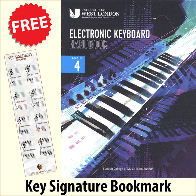 front cover of The London College of Music Electronic Keyboard Handbook Grade 4 together with free Piano Clef bookmark