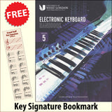 front cover of The London College of Music Electronic Keyboard Handbook Grade 5 together with free Piano Clef bookmark