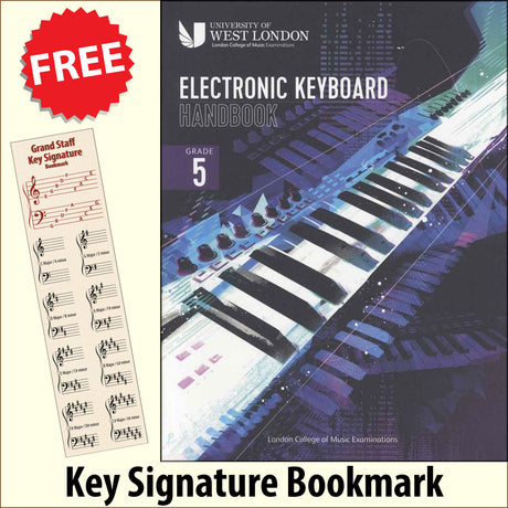 front cover of The London College of Music Electronic Keyboard Handbook Grade 5 together with free Piano Clef bookmark