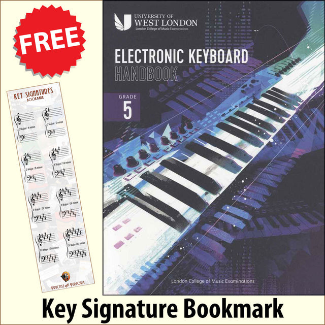 front cover of The London College of Music Electronic Keyboard Handbook Grade 5 together with free Piano Clef bookmark