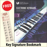 front cover of The London College of Music Electronic Keyboard Handbook Grade 7 together with free Piano Clef bookmark