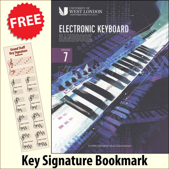 front cover of The London College of Music Electronic Keyboard Handbook Grade 7 together with free Piano Clef bookmark