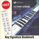 front cover of The London College of Music Electronic Keyboard Handbook Grade 7 together with free Piano Clef bookmark