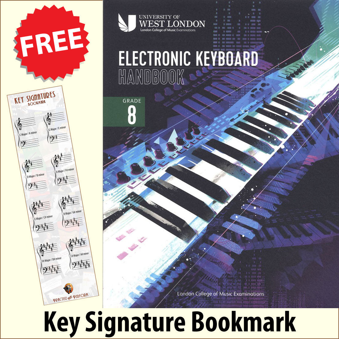 front cover of The London College of Music Electronic Keyboard Handbook Grade 8 together with free Piano Clef bookmark