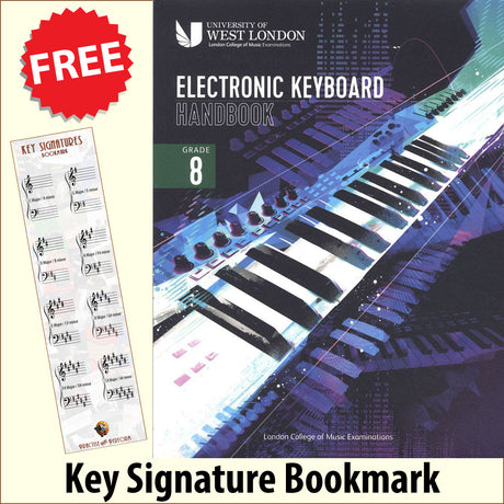 front cover of The London College of Music Electronic Keyboard Handbook Grade 8 together with free Piano Clef bookmark