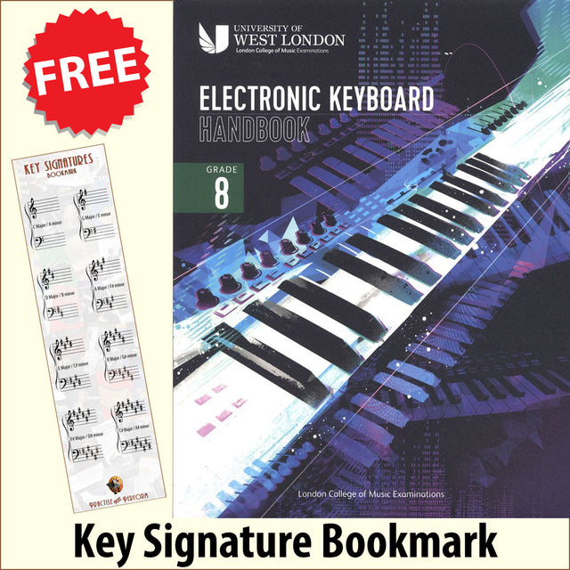 front cover of The London College of Music Electronic Keyboard Handbook Grade 8 together with free Piano Clef bookmark