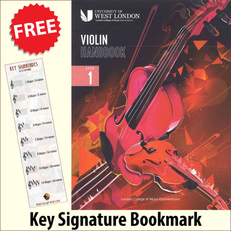 front cover of London College of Music Violin Handbook Step 1 from 2021 together with free Treble Clef bookmark