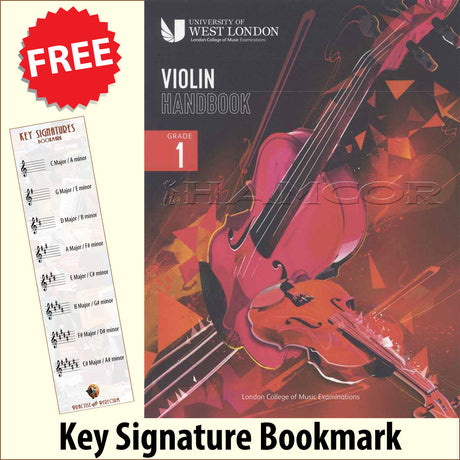 front cover of London College of Music Violin Handbook Grade 1 from 2021 together with free Treble Clef bookmark