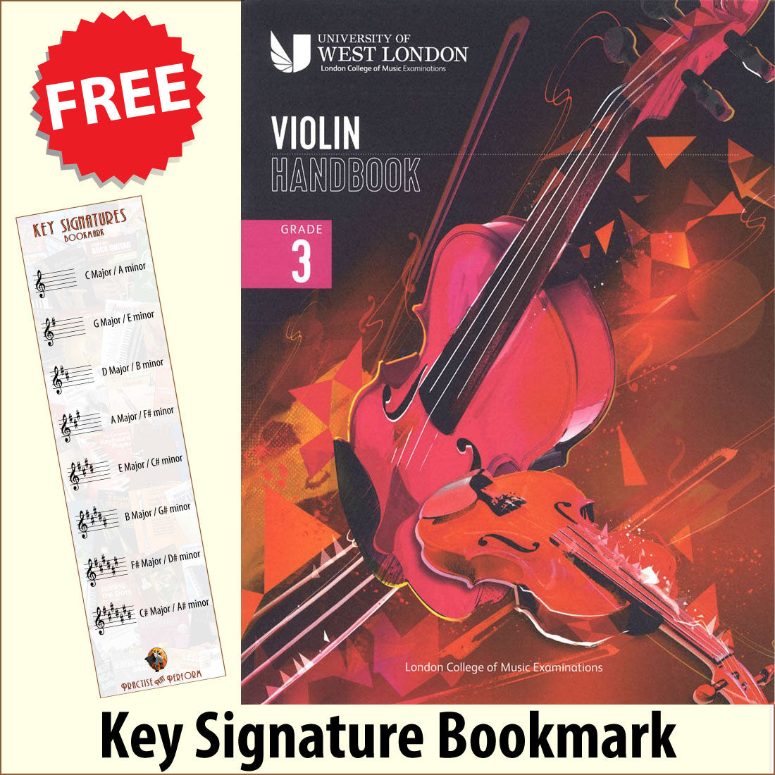 front cover of London College of Music Violin Handbook Grade 3 from 2021 together with free Treble Clef bookmark