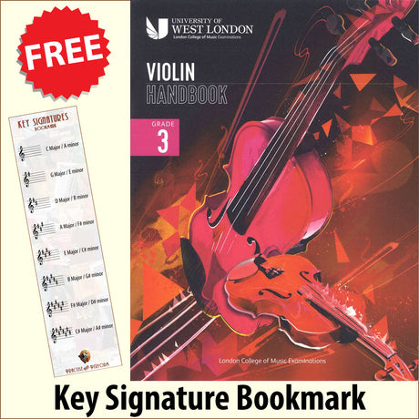 front cover of London College of Music Violin Handbook Grade 3 from 2021 together with free Treble Clef bookmark