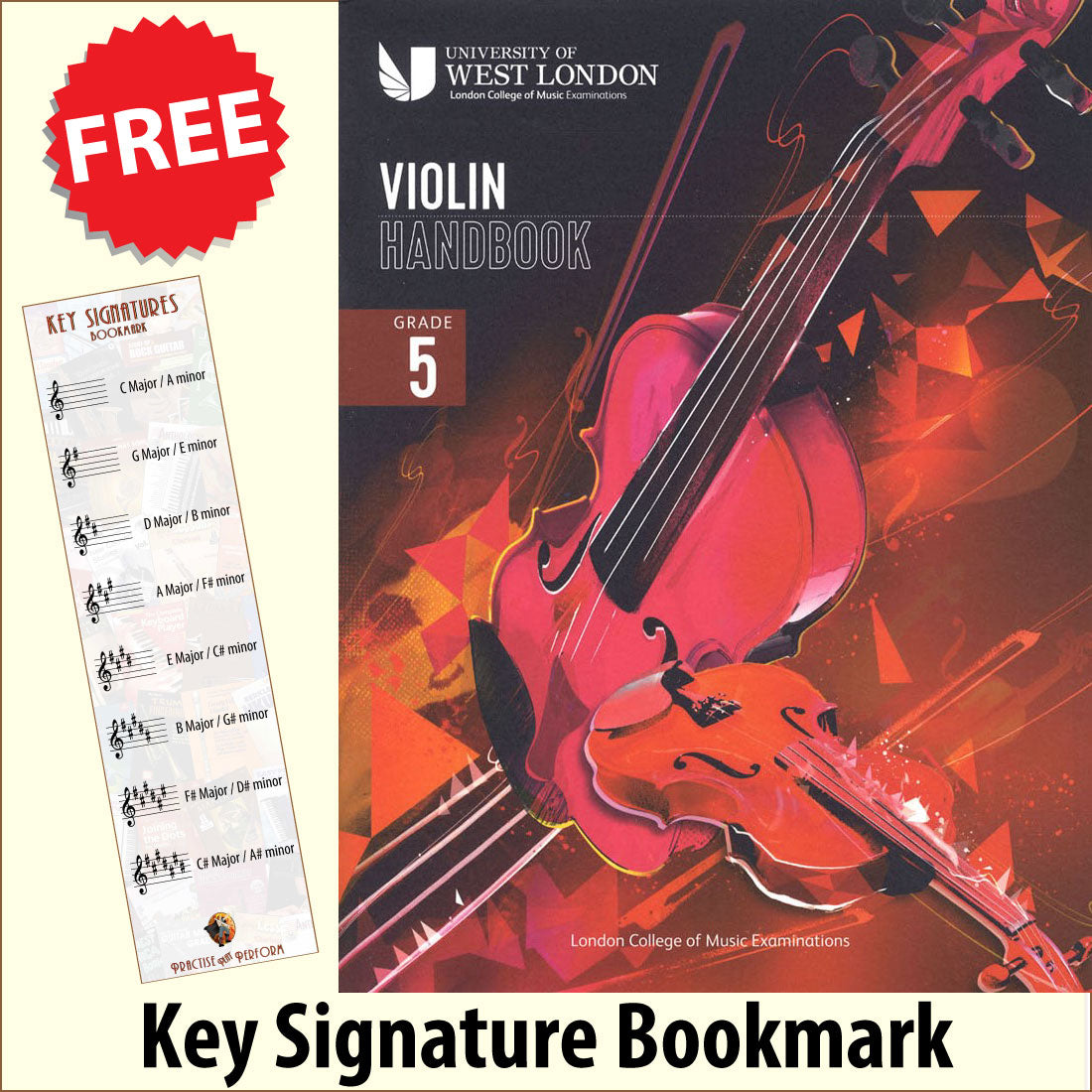 front cover of London College of Music Violin Handbook Grade 5 from 2021 together with free Treble Clef bookmark