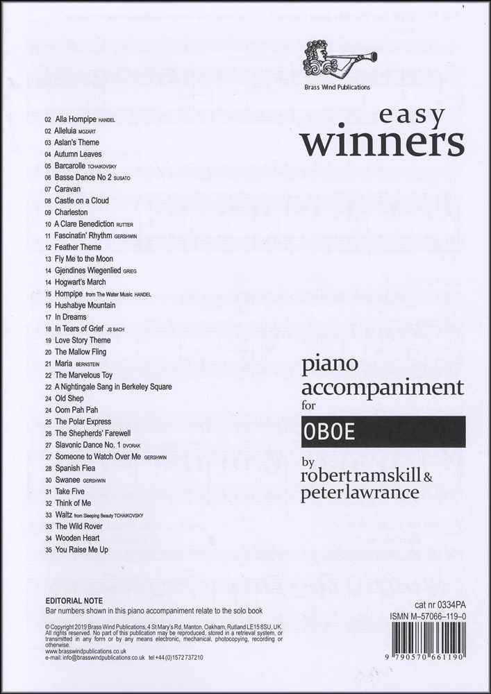 front cover of Easy Winners Piano Accompaniment for Oboe