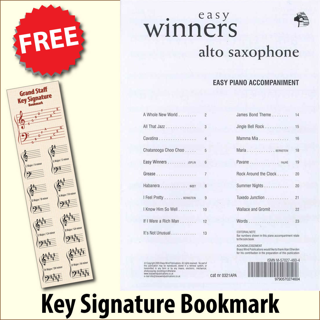 front cover of Easy Winners Piano Accompaniment for Alto Saxophone together with free Grand Staff bookmark