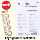 front cover of Easy Winners Piano Accompaniment for Alto Saxophone together with free Grand Staff bookmark