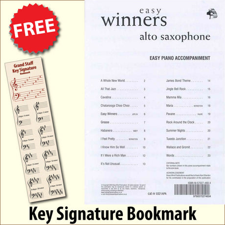 front cover of Easy Winners Piano Accompaniment for Alto Saxophone together with free Grand Staff bookmark