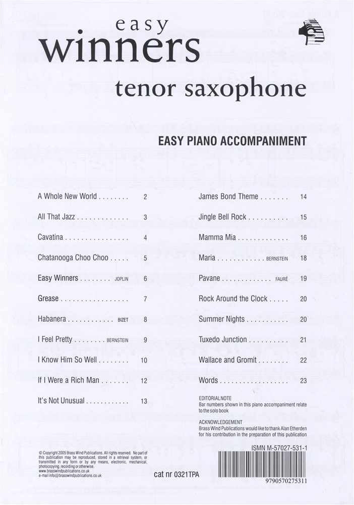 front cover of Easy Winners Piano Accompaniment for Tenor Saxophone