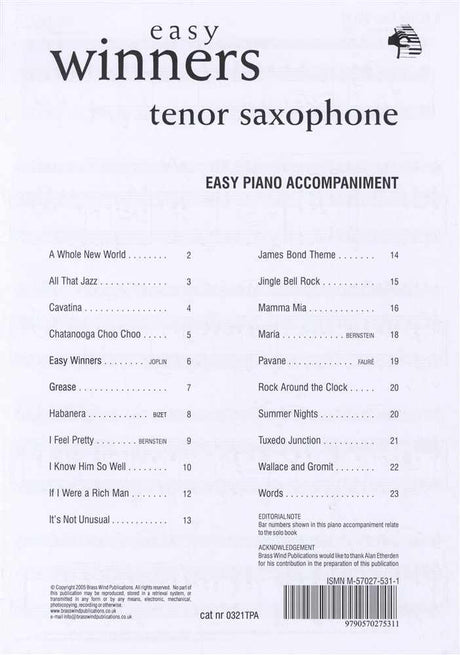 front cover of Easy Winners Piano Accompaniment for Tenor Saxophone