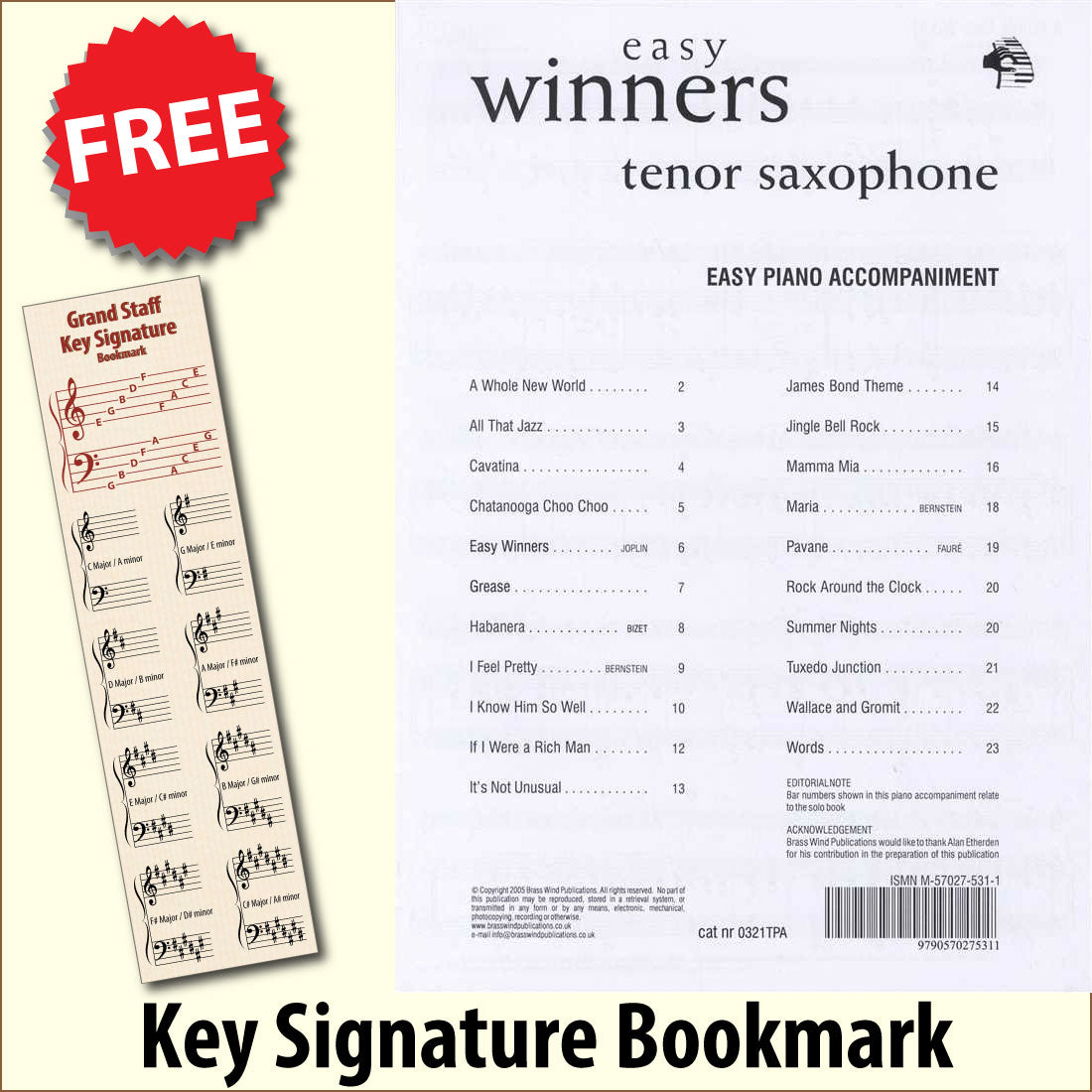 front cover of Easy Winners Piano Accompaniment for Tenor Saxophone together with free Grand Staff bookmark