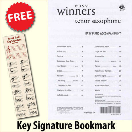 front cover of Easy Winners Piano Accompaniment for Tenor Saxophone together with free Grand Staff bookmark