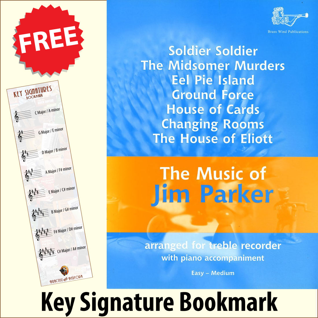 front cover of The Music of Jim Parker for Treble Recorder together with free Treble Clef bookmark