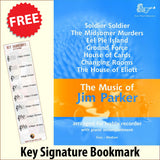 front cover of The Music of Jim Parker for Treble Recorder together with free Treble Clef bookmark
