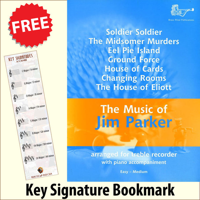 front cover of The Music of Jim Parker for Treble Recorder together with free Treble Clef bookmark