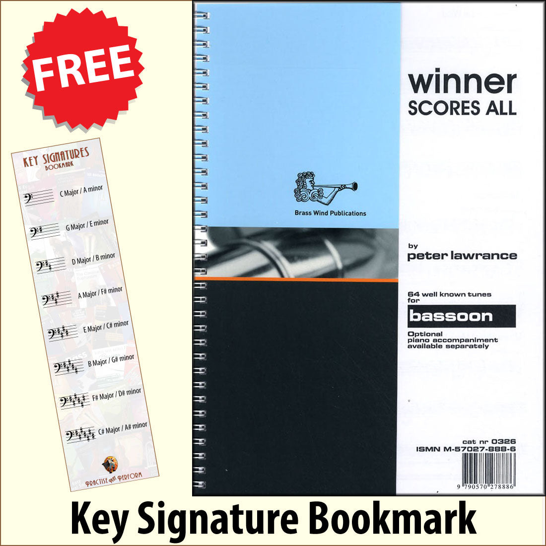 front cover of Winner Scores All for Bassoon together with free Bass Glef bookmark
