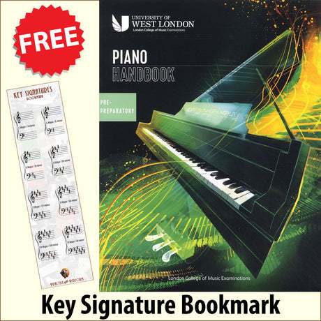 front cover of London College of Music Piano Handbook Pre Preparatory from 2021 together with free Piano Clef bookmark