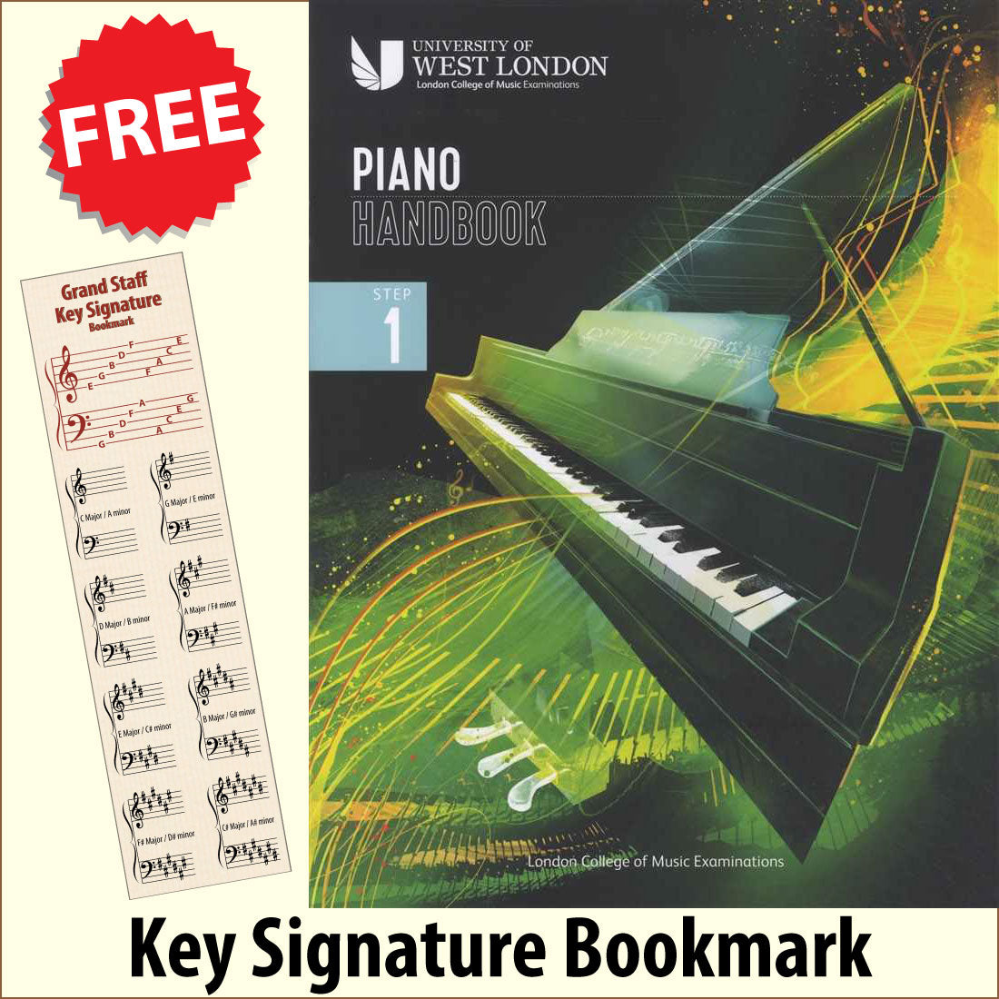 front cover of London College of Music Piano Handbook Step 1 from 2021 together with free Piano Clef bookmark
