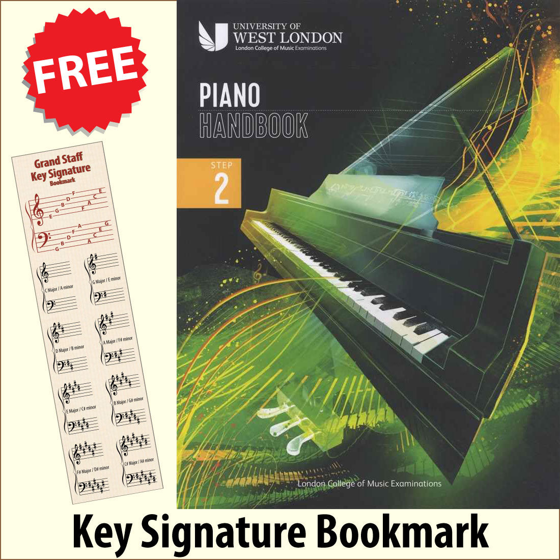 front cover of London College of Music Piano Handbook Step 2 from 2021 together with free Piano Clef bookmark