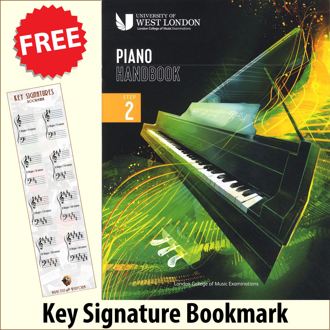 front cover of London College of Music Piano Handbook Step 2 from 2021 together with free Piano Clef bookmark