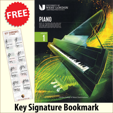 front cover of London College of Music Piano Handbook Grade 1 from 2021 together with free Piano Clef bookmark